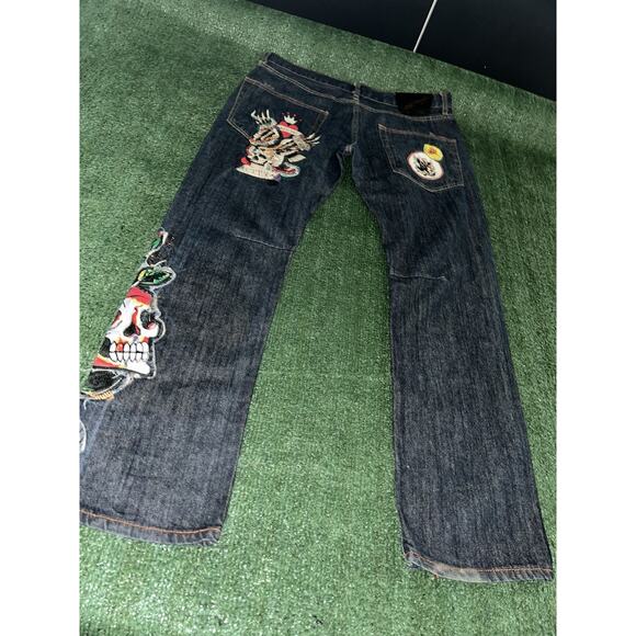 Y2K Ed Hardy x Christian Audigier Skull/Flower Denim Baggy Jeans Men's 36x33 - Picture 6 of 9